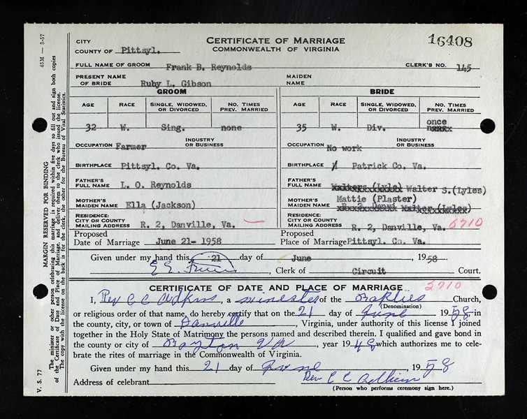 Documents Marriage RecordReynoldsGibson The Reynolds Family
