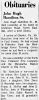 Obit.-John Hugh Hamilton, Sr. (according to the obit. John re-married)

News Journal dated July 19, 1966