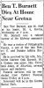 Obit. for Ben Taw Burnett from the Danville Register dated 3/1/1962 provided by Carter Powell